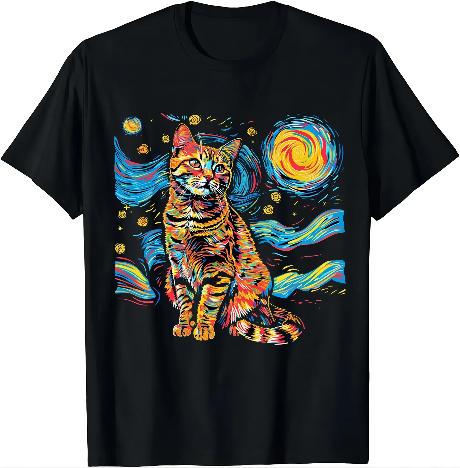 Van Gogh-esque Galaxy Cat Tee - Starry Night Fusion Shirts  Men Clothing Tops Graphic T Shirts Camisas Streetwear