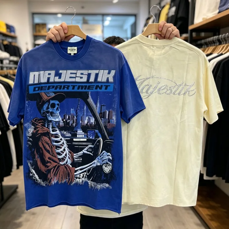Hip Hop Driving Skeleton Men Women Short Sleeve MAJESTIK Tshirts Rhinestone Letter Cutting Burrs Sleeves Outfit  Summer Top Tees