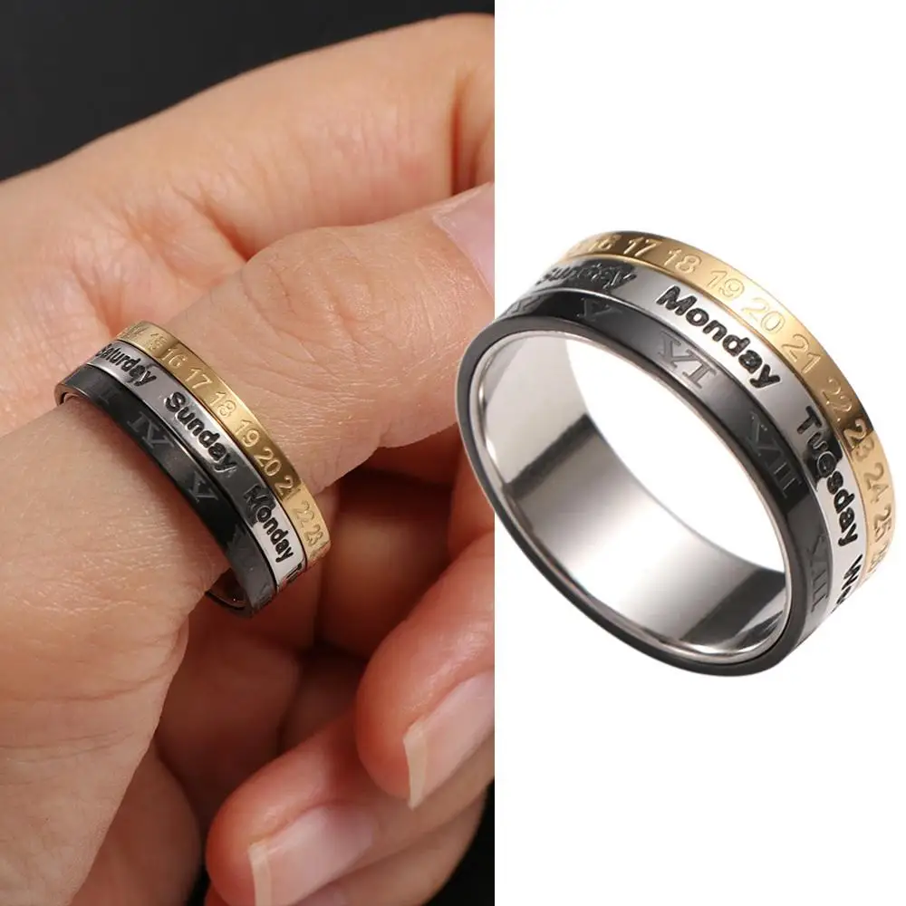 Male Creative Date Time Calendar Spinner Titanium Steel Cool Punk Finger Ring Fashion Jewelry Men Ring Joint Ring