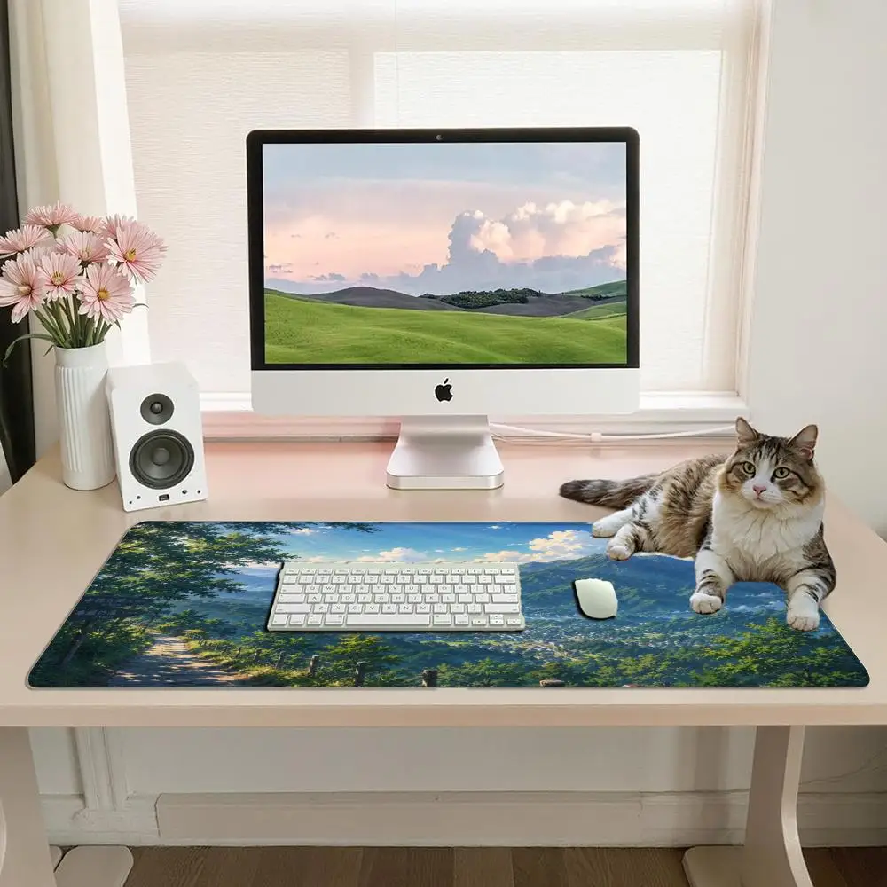 Anime Mountain Valley Large Gaming Mouse Pad Green River Landscape Blue Sky White Cloud Non‑Slip Desk Mat for Esports Office