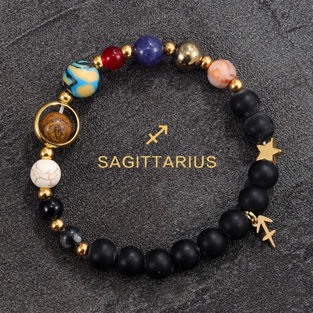 Natural Stone Solar System Universe Galaxy Eight Planets 12 Constellation Bracelets for Women