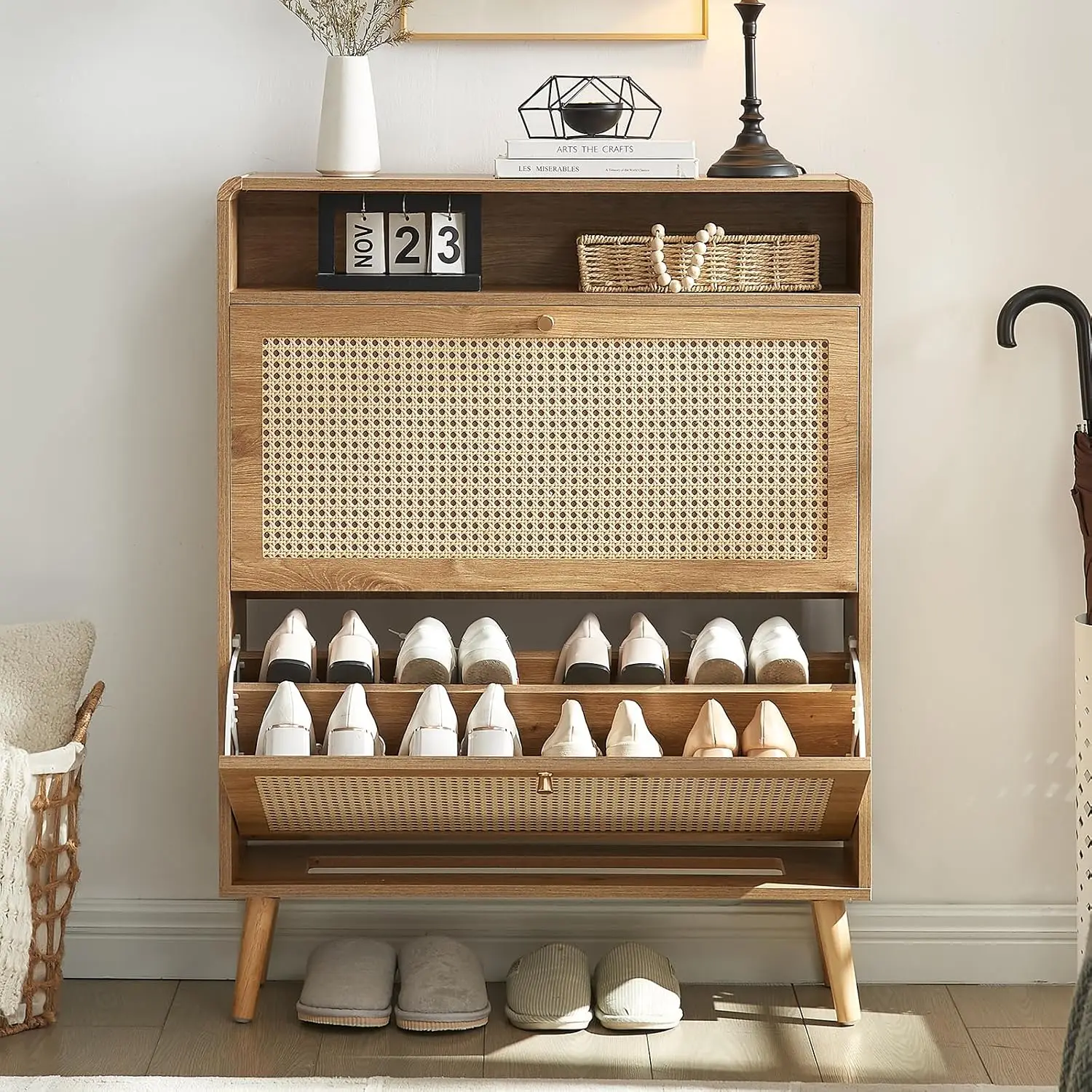 Rattan Shoe Cabinet 2 Flip Drawers 16 Pairs Narrow Entryway Freestanding Hidden Rack Slim Wood Organizer Hallway, Customized