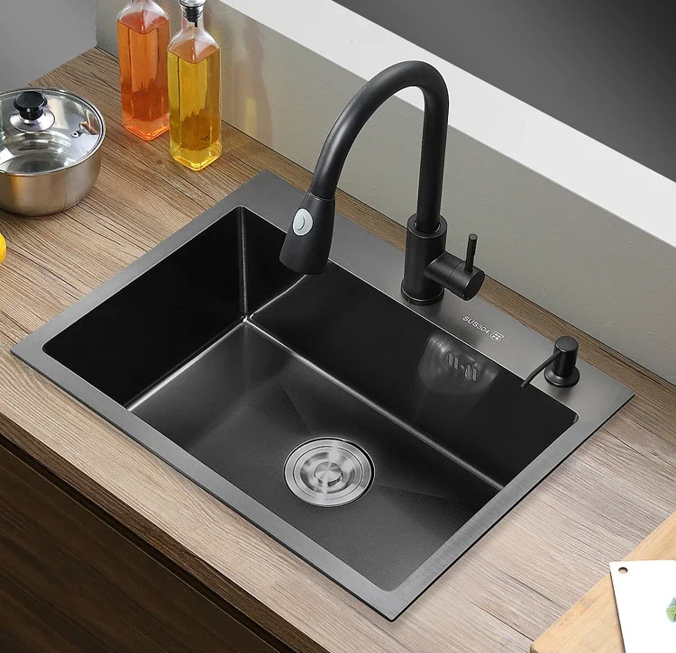 Black Nano Sink Single Bowl Wash Basin  Kitchen Accessories Drain Set 304 Stainless Steel Topmount/Undermount