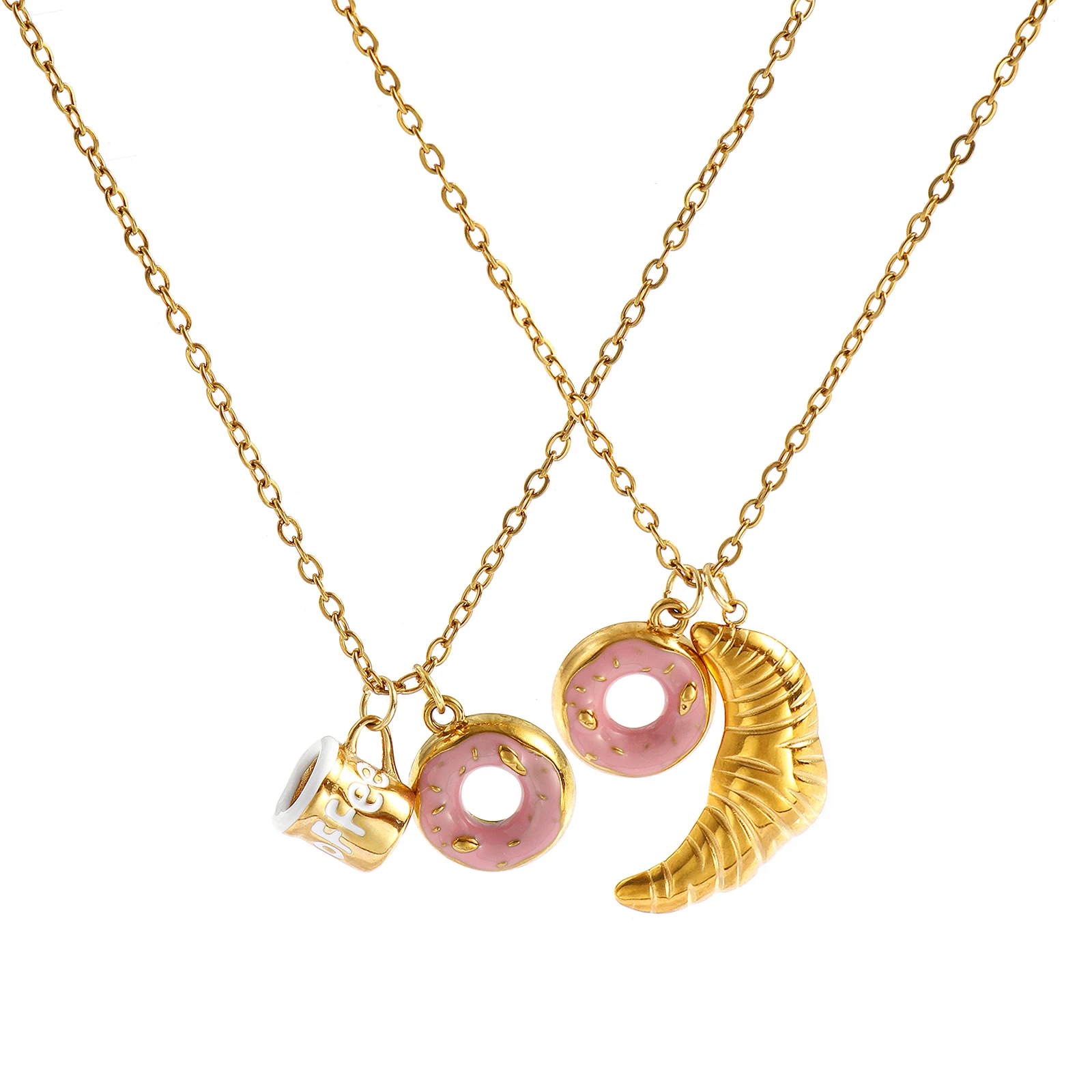 1 Piece Pendant Necklace 304 Stainless Steel 18K Gold Plated Chain Pink Enamel Donut Coffee Charm For Women 45cm(17.7