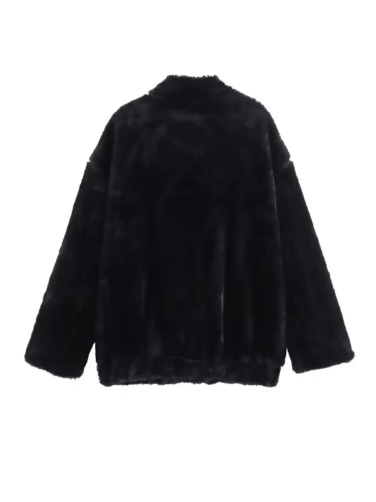 European style new women's fashionable and versatile elegant simple solid color faux fur bomber jacket