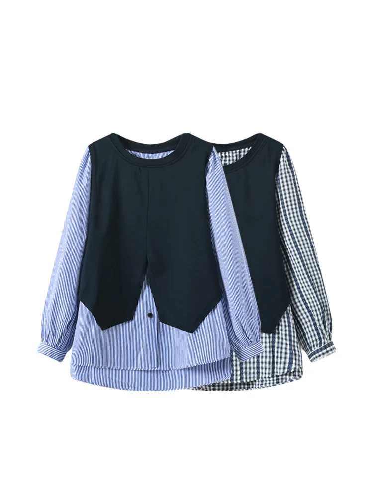 

plus Size Women's Long Sve round Ne irt Casual Sle Patchwork Slimming Faion Fake Two-Piece Top for Autumn