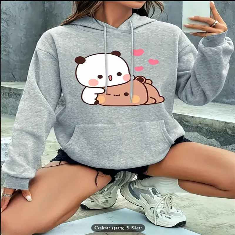 Langärmliger Kapuzenpullover mit Bären-Aufdruck, süßer Kapuzenpullover mit Bären- und Herz-Aufdruck, langärmliges Strick-Polyester-Kapuzenpullover mit Tasche
