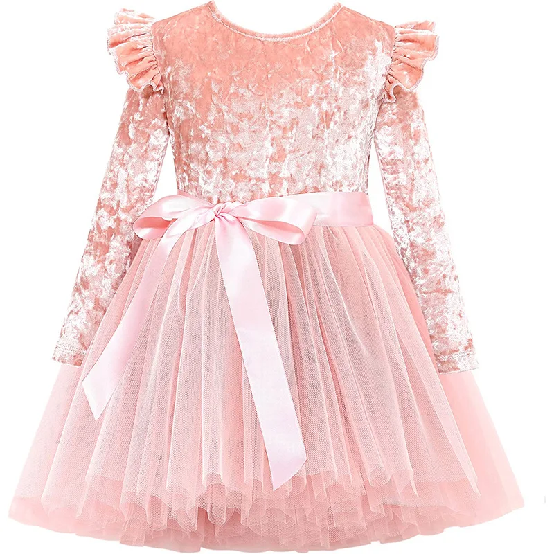 Vestido de terciopelo de manga larga para niñas, Poncho de cumpleaños, Vestido corto de princesa