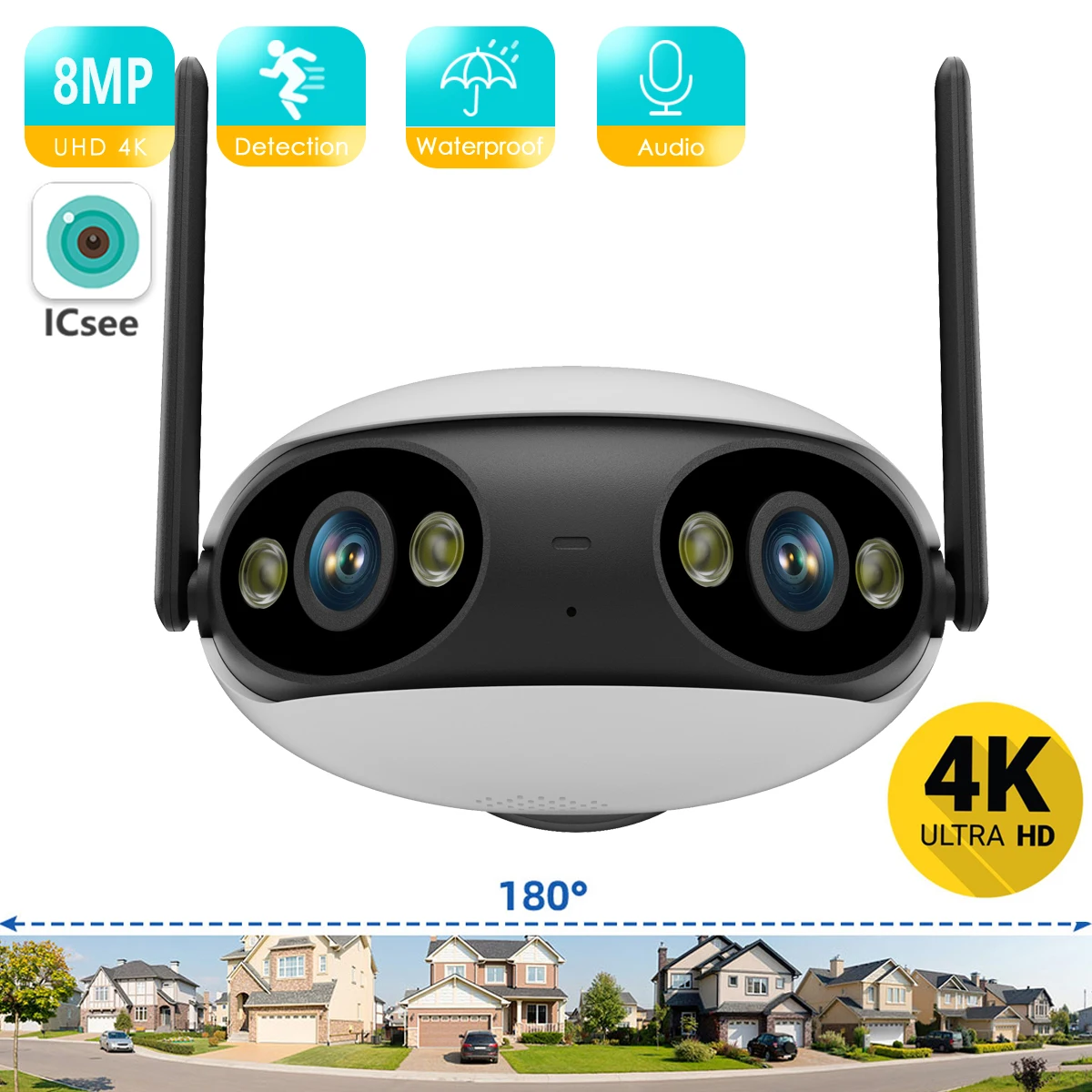 

4MP 2K HD Wifi IP Camera Outdoor Dual Lens 180° View Angle Security Camera Human Detect Panoramic POE Surveillance Camera iCSee