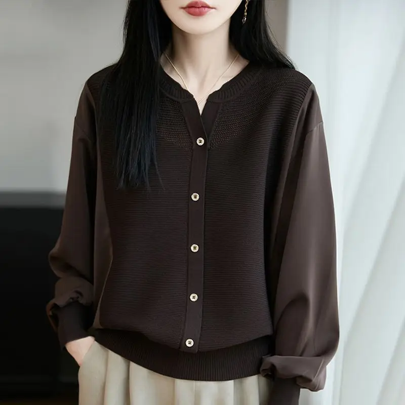Womens Plus Size Ice Silk Knit Top Early Autumn Loose Hide Belly Slim Shirt Spliced Long Sleeve Blouse