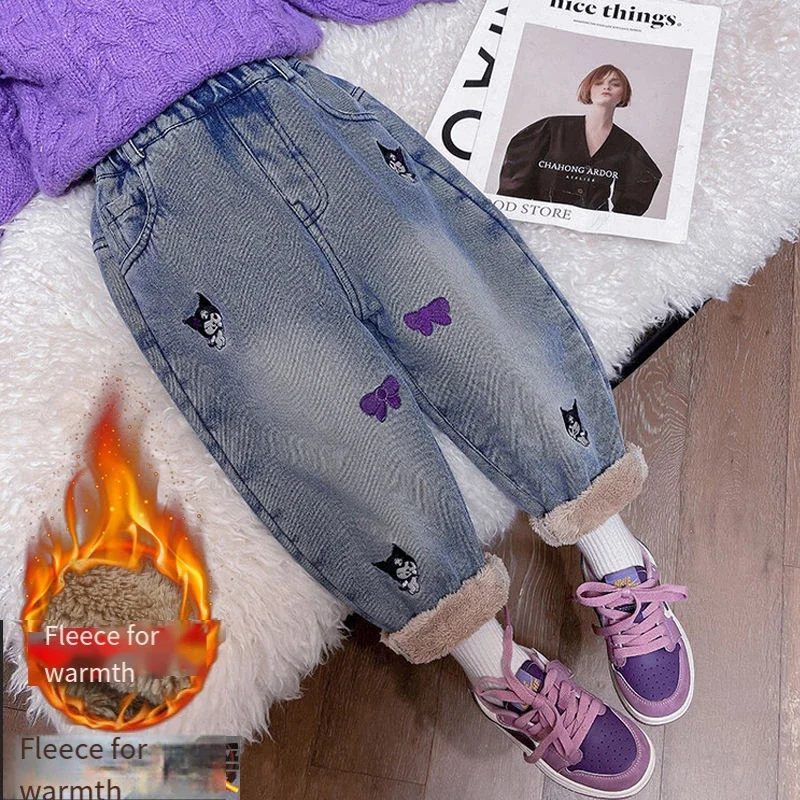 فتاة الجينز رشاقته Kuromi الطفل سراويل قطنية الشتاء أنيمي الشكل Kawaii الكرتون ملابس الشتاء الجديدة رشاقته السراويل