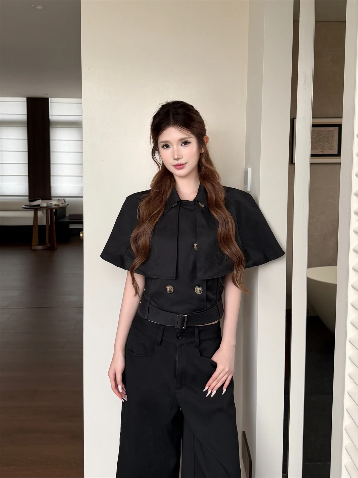 Jianjian Vintage Detachable Khaki Color Coat Double Row Button Elegant Design Short Top Women's Fashion Spring Autumn Wear