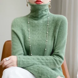 Fashion Cashmere Sweater 100% Merino Wool Pullover Winter High Neck Solid Color Long Sleeved Women's Seamless Hollow Knit Jumper
