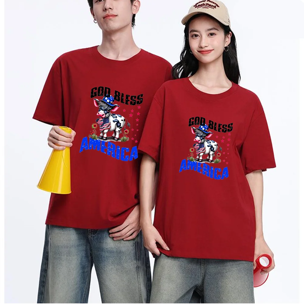 Cow With American Flag Hat Printed T Shirt Breathable Fabric S-XXL Personalized Custom Casual Short Sleeve Tee Unisex Fit Aesthe
