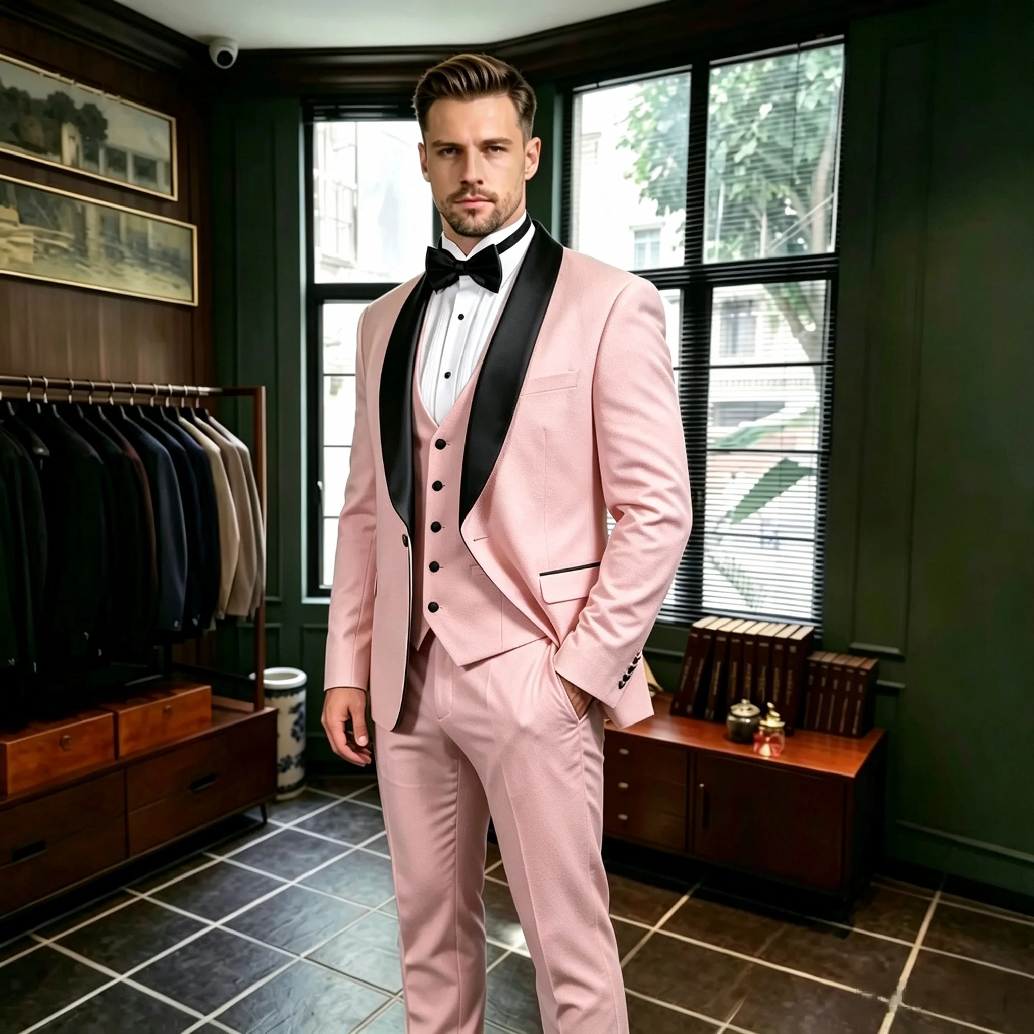 3 Pieces Suit Set for Men, Formal Pink Wedding Guest Tuxedo, Dinner Dating Evening Prom Suit Attire Jacket Vest Pants Customized