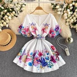 Summer Bohemian Flower Short Dress Women V-Neck Puff Sleeve Floral Print High Waist A-Line Belt Holiday Boho Mini Vestidos 2059