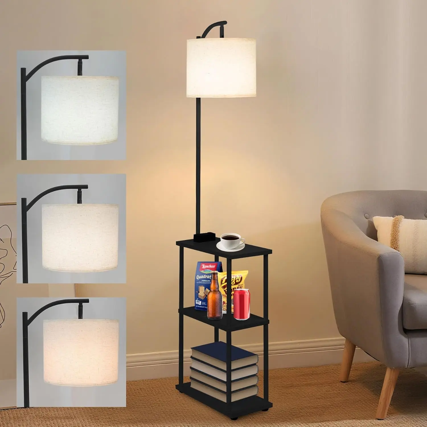 

Floor Lamp with Narrow Side Table, USB-A/USB-C & AC Port, 3-Temp LED, Black