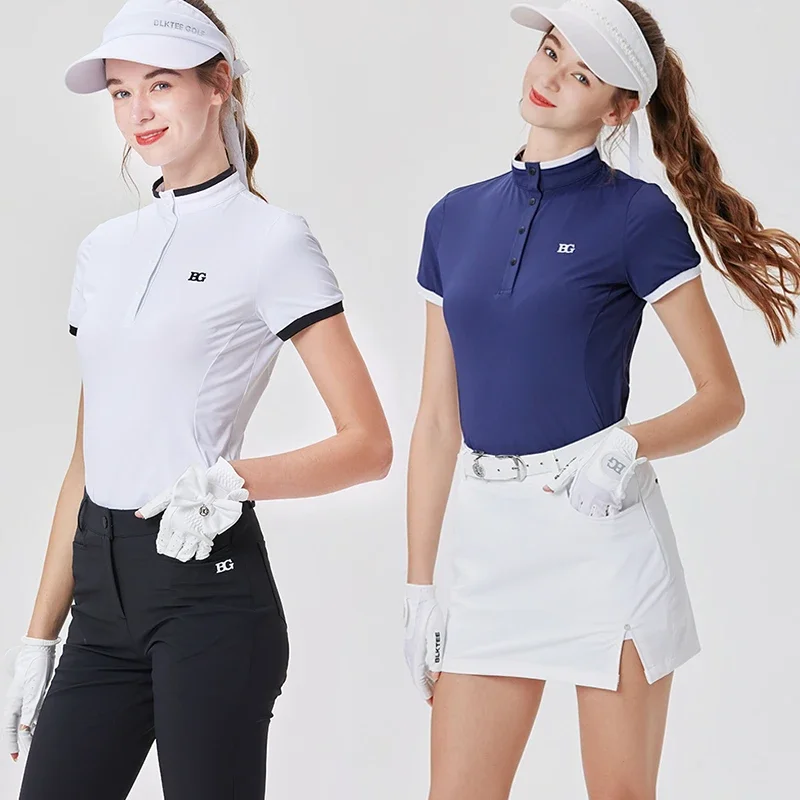 

Blktee 2024 New Golf Shirts for Women Stand Collar T-shirt Short-sleeve Tops Ladies Split Golf Skirt High Waist Pencil Skort Set