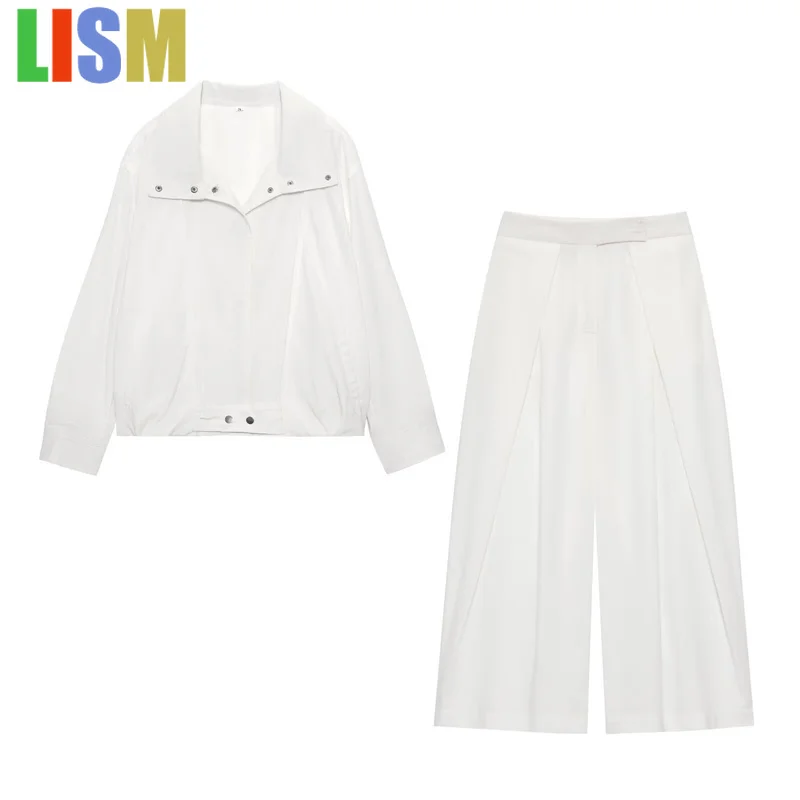 

LISM зимний женский наряд Новые комплекты в тон Комплекты брюк Комплект из двух предметов Силуэт Универсальная куртка-бомбер Плиссированные свободные брюки