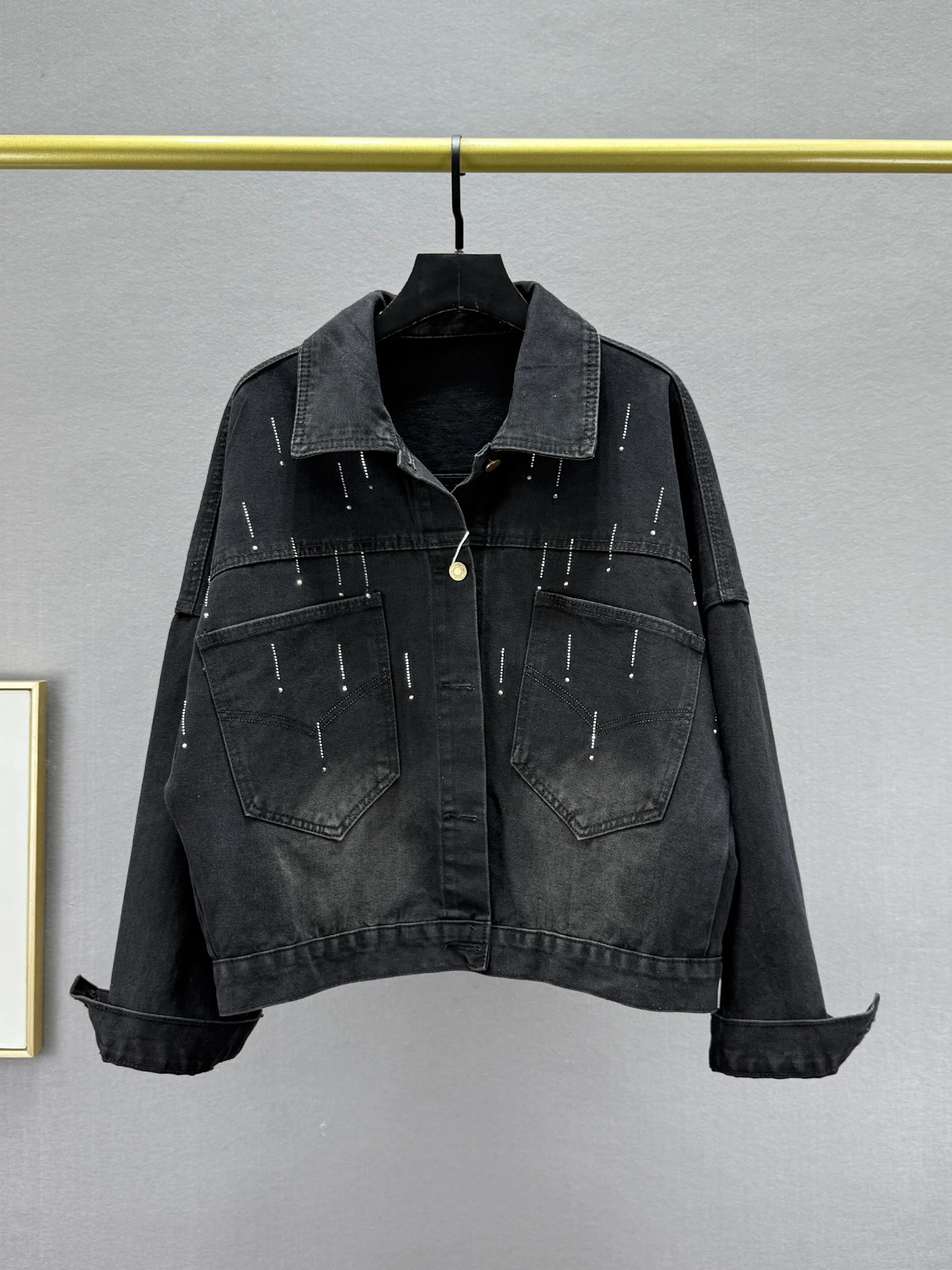 

Bla Rhinestone Denim Jaet Women's Loose Slimming Long Sve Autumn New Sle European INS Faion Casual Collar Coat