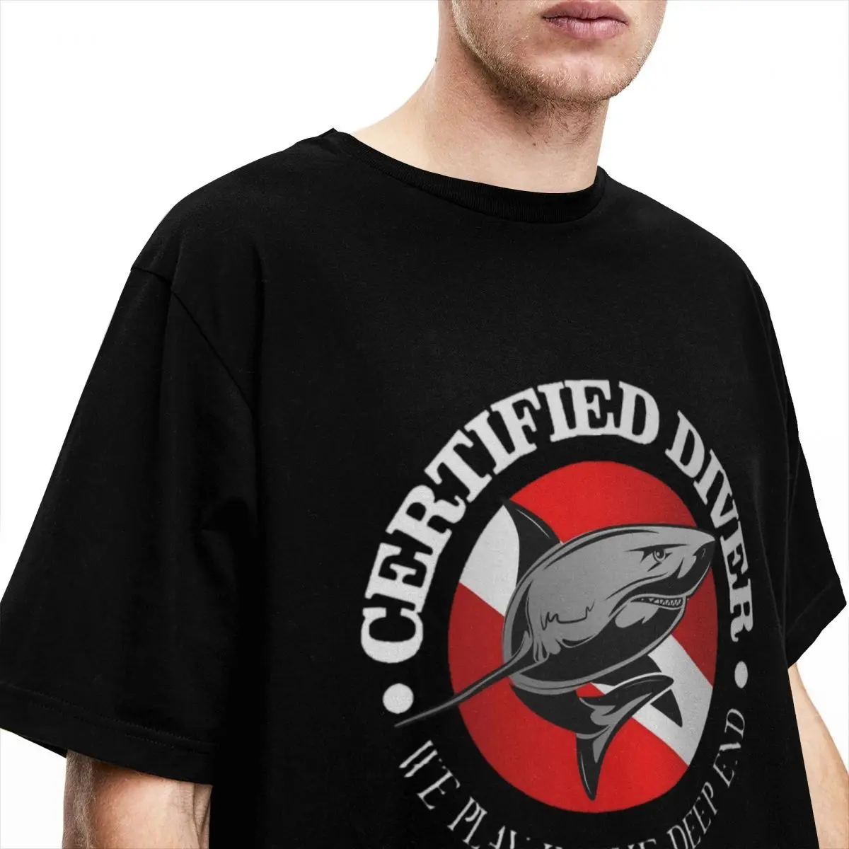 Novelty Certified Diver Shark T-Shirts Men Women\'s Crew Neck Cotton Scuba Diving Short Sleeve Tees Printed Clothing