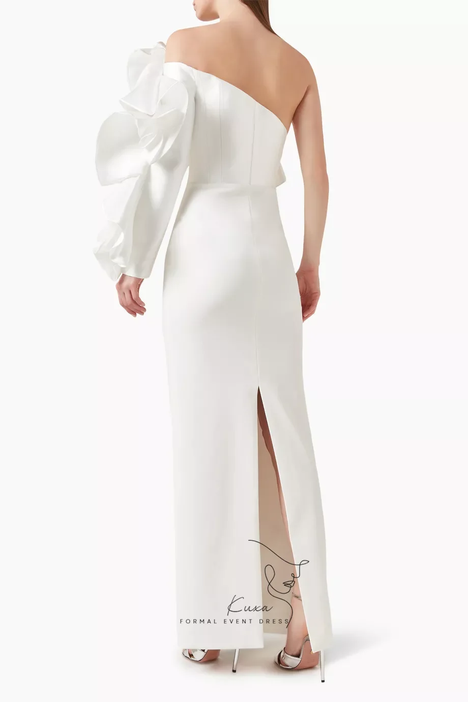 KUXA Customized One Shoulder Wedding Dress With Dramatic Ruffle Sleeve Open Back Mermaid Bridal Gown With Side High Slit