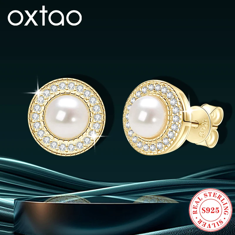 

OXTAO Vintage Halo Earrings 5.5-6mm Original 925 Sterling Silver Freshwater Cultured Pearl Stud Earrings Wedding Luxury Jewelry