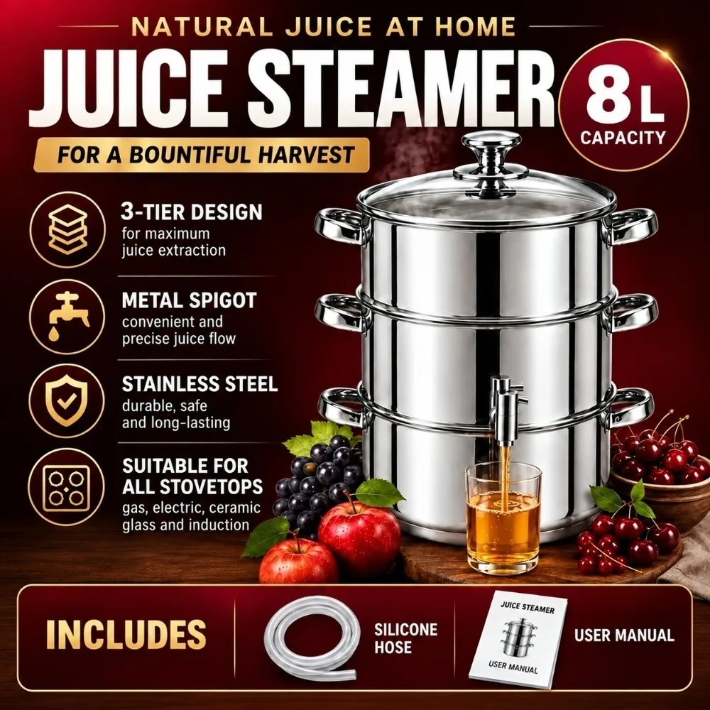 Stainless Steel ‌juice Steamer Pot with Lid 6/8L Steam Juice Extractor Pot All-in-One Heat Resistant Steam Juicer Household