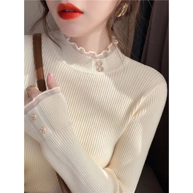 2024 Knitted Women Sweater O-neck Button Pullovers Spring Autumn Basic Sweaters for Female Pullover Slim Solid Bold Lace Tops