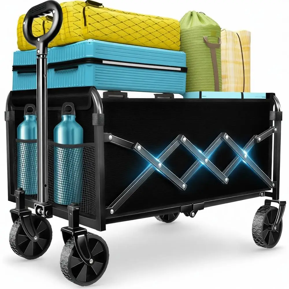 

Collapsible Wagon Cart with Wheels - Utility Folding Wagon for Sports, Camping, Grocery, Black