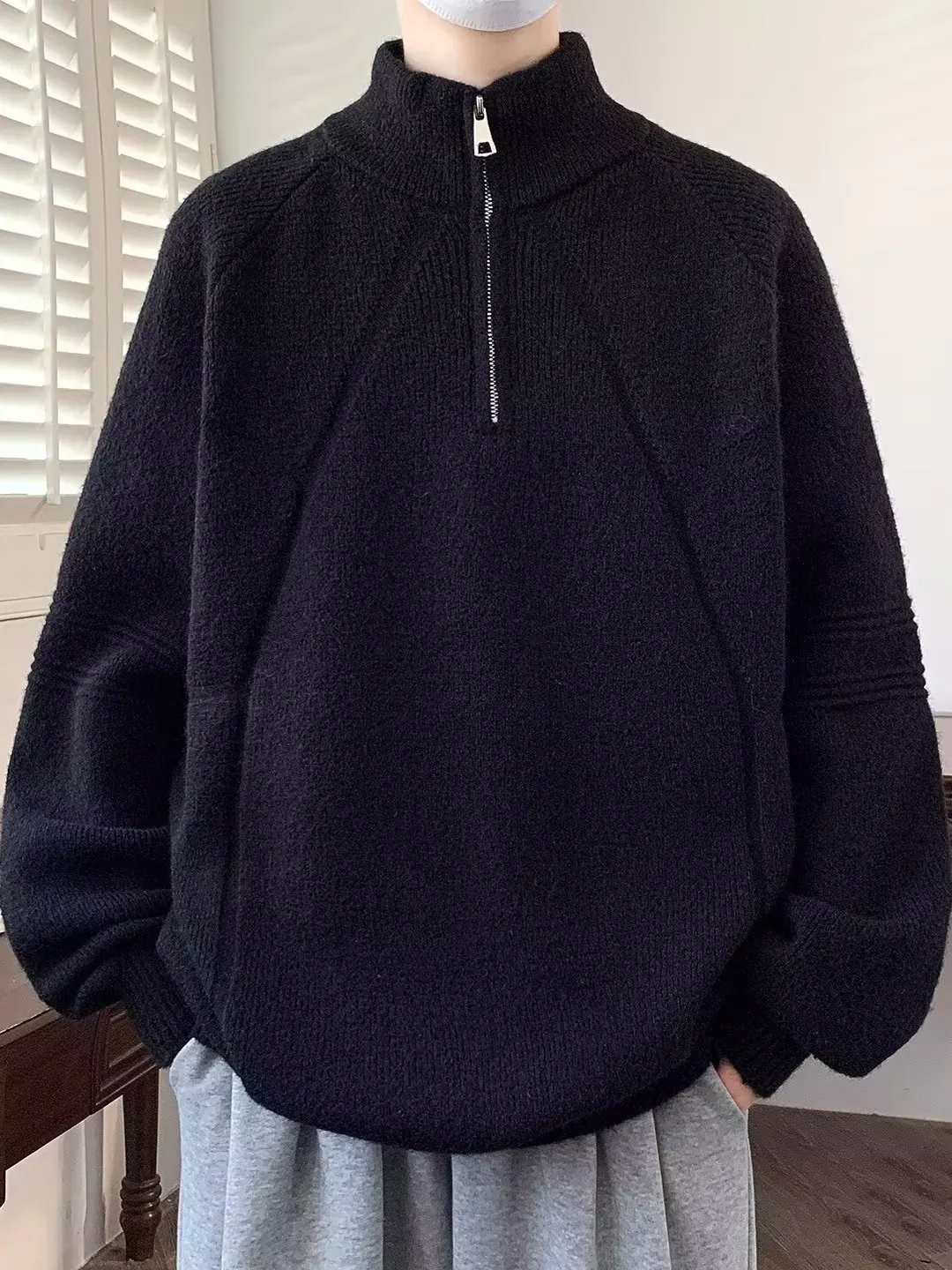 

Свободный крой f Вязаный свитер с высоким воротником на молнии для мужчин Повседневная мода из полиэфирного волокна Длинный свек стандартной длины без капюшона