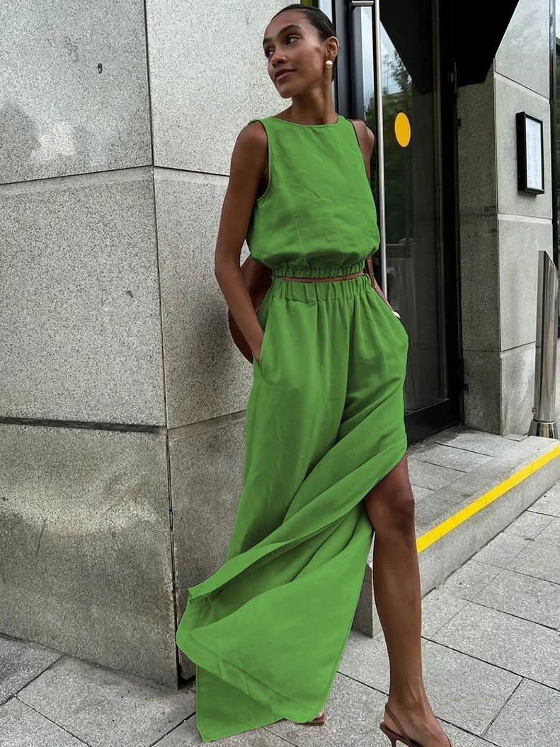 

Casual Sleeveless Cotton Linen Suit Fashion O-neck Pullover & Split Pant Outfits Women Elegant Elastic Waist Solid Loose 2Pc Set