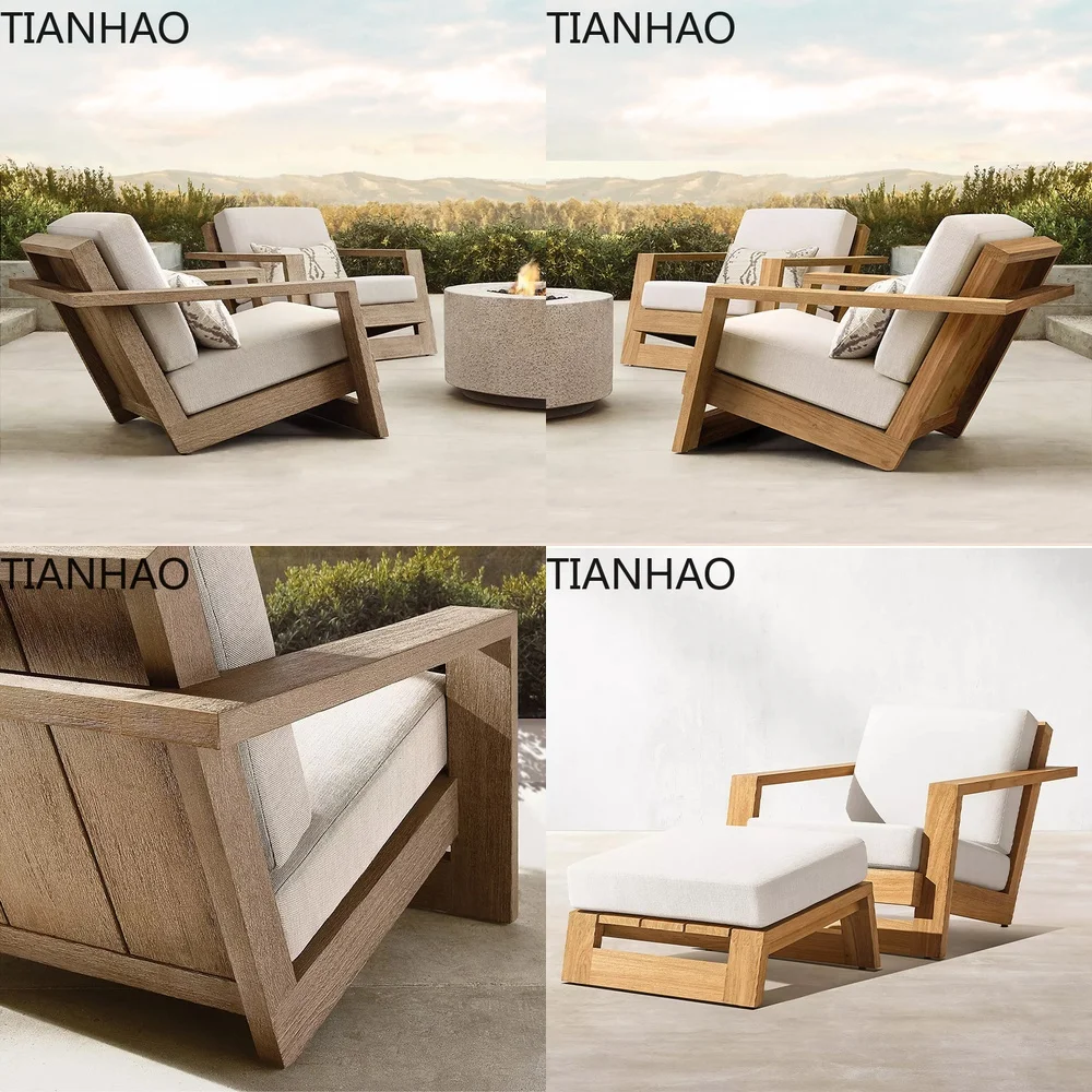 Nordic Outdoor Sofa for Garden Patio Courtyard Balcony Deck | Teak Wood Armchair for Hotel Villa Resort | Weatherproof Solid