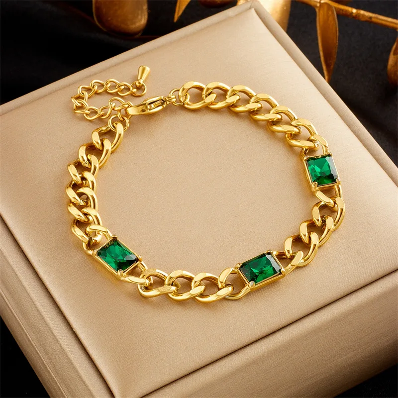 316 L Stainless Steel Choker Minimalist Cuban Chain Inlaid With Green Zircon Bracelet, Earrings, Necklace, Jewelry Set