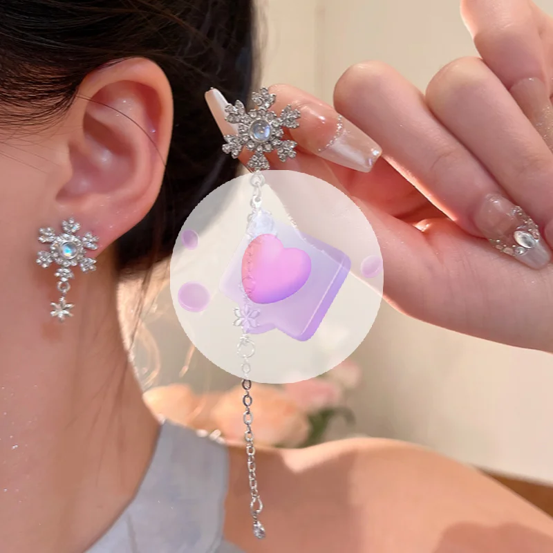 أقراط ندفة الثلج الزركون المزخرفة بحجر الراين؛ تصميم شرابة غير متماثل لمجوهرات حفلات المكتب الفاخرة للنساء #1