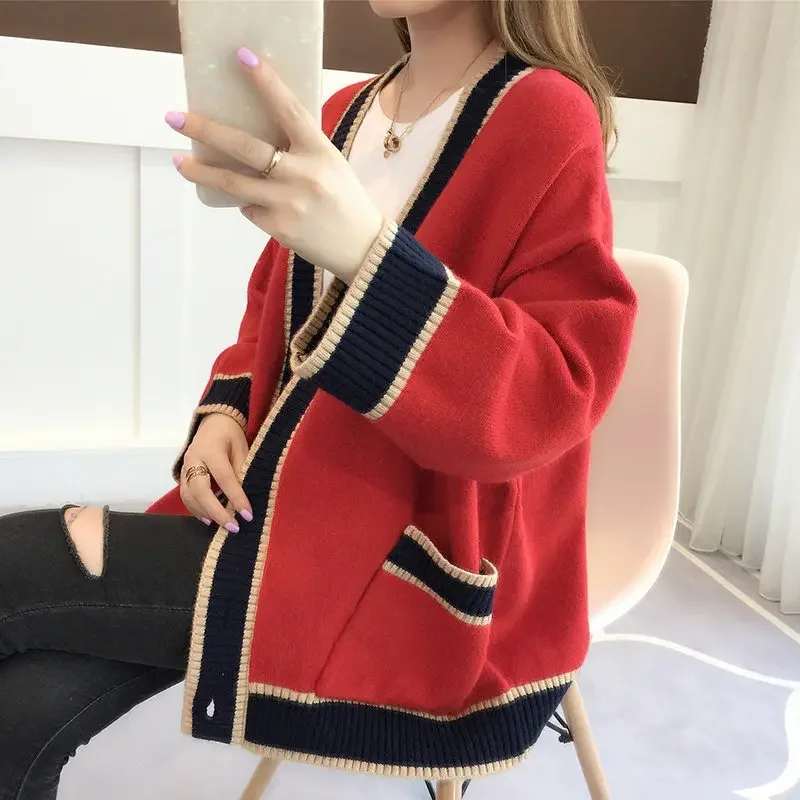 Spring New Women Elegant Long Sleeve Knitted Cardigan Korean Fashion Stripe Sweaters Winter V-neck Casual Knitwear Coats Female