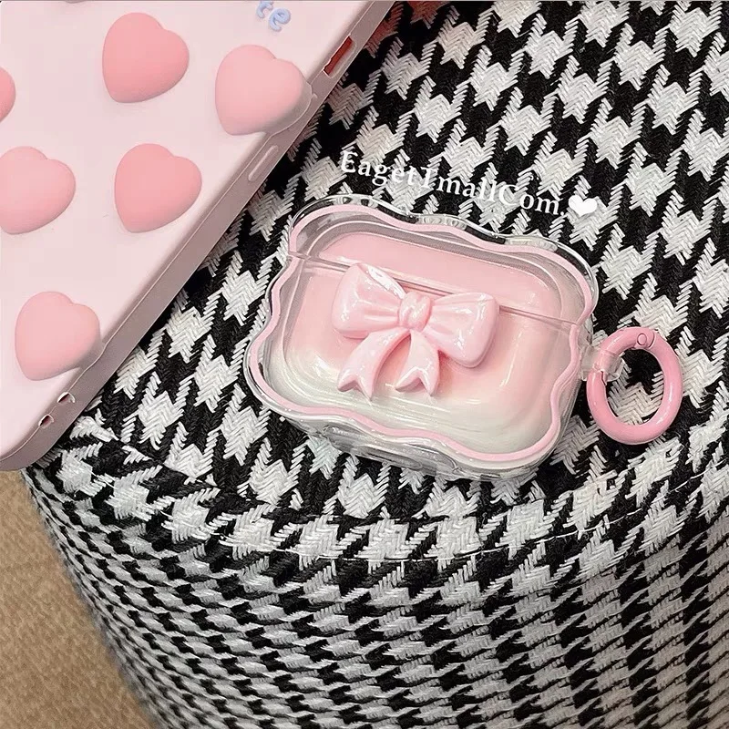 3D Bow Wave Case for Apple AirPods 1 2 Case Pink Floral Girls Cover for AirPods  Pro Wireless Box With Keychain