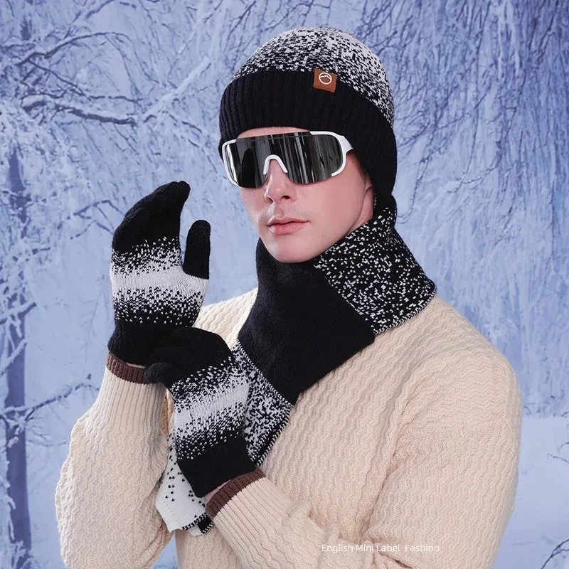 Chapéu de inverno luvas cachecol conjunto para mulheres homens ao ar livre gorros quentes à prova de frio com proteção de ouvido de veludo chapéu de lã de malha para mulher