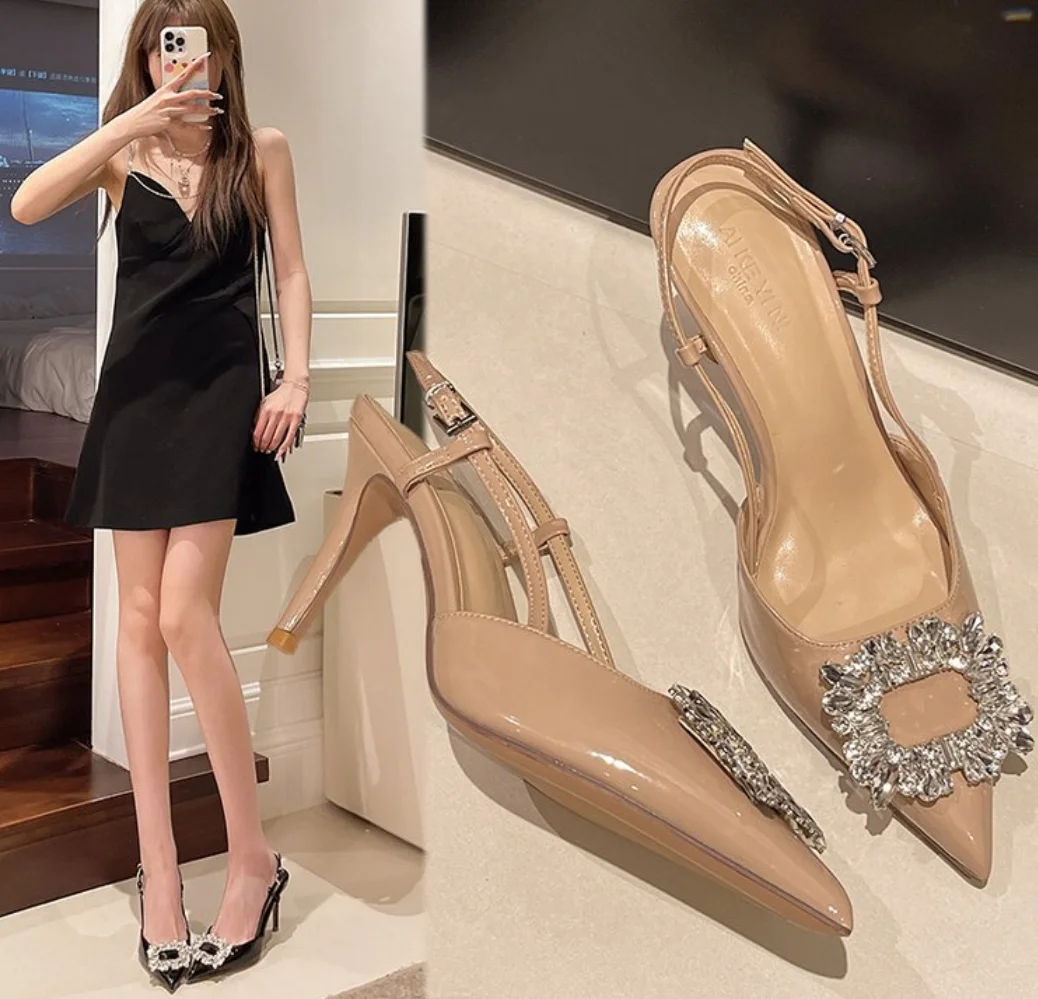 Summer Fashion Patent Leather Designer Shoes Sexy Banquet Crystal Buckle High-Heeled Sandal Pointed Women's Dress Stiletto Pumps