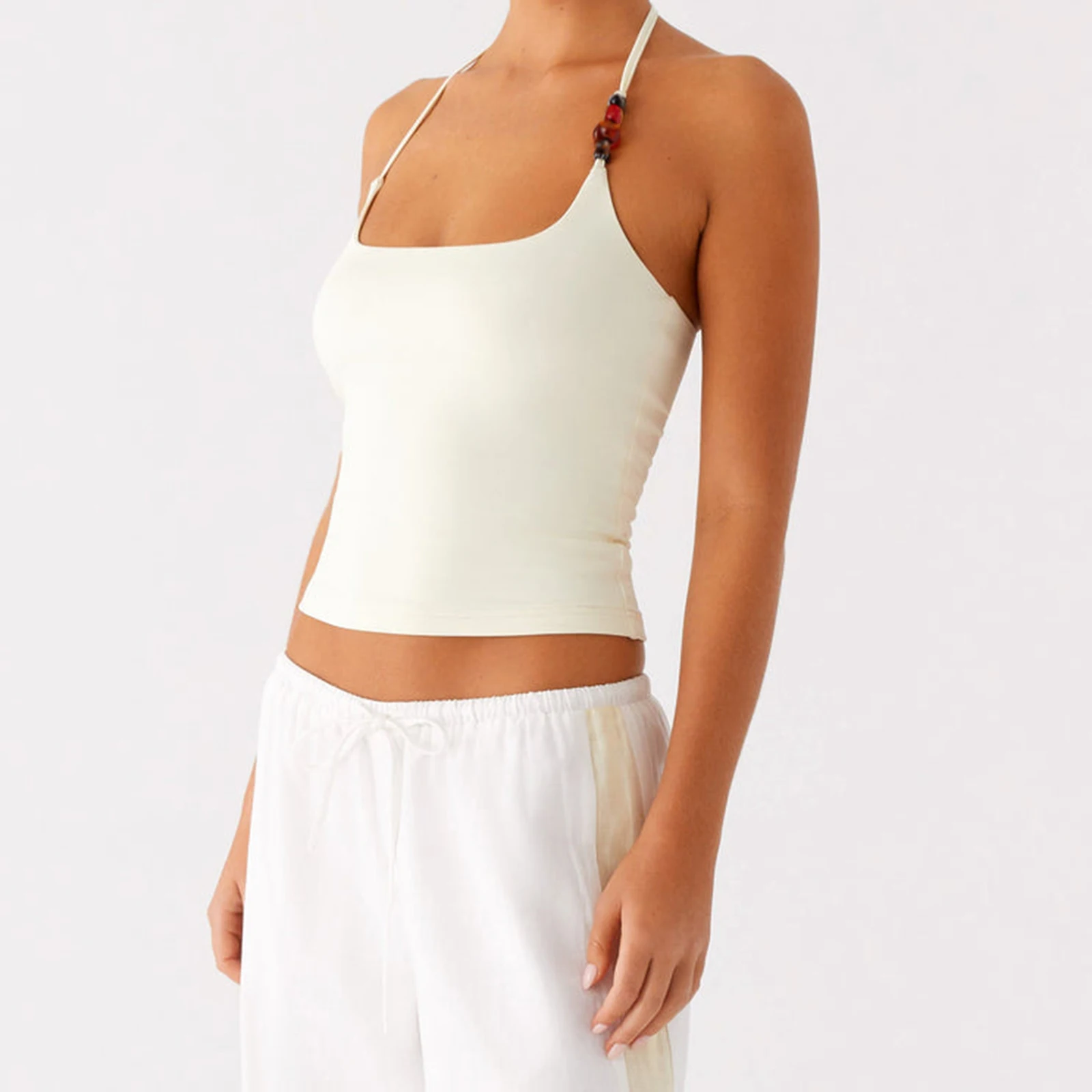 คอมบะซากิผู้หญิงฤดูร้อนลูกปัดผูกเชือกคอสี่เหลี่ยมสลิมฟิตเสื้อครอปสีทึบเสื้อแขนกุดสตรีทแวร์