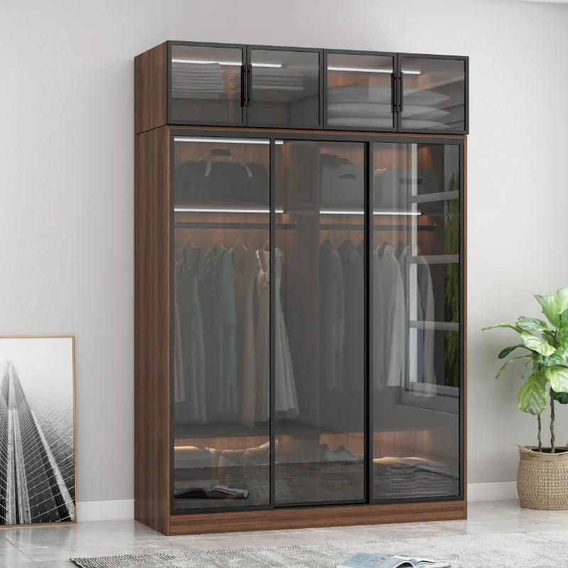 Customized Nordic large wardrobe glass door solid wood sliding door modern simple light luxury wardrobe cloakroom  cabinet