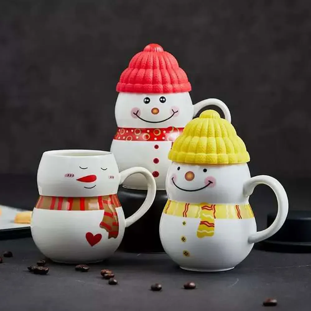 Christmas And New Year Ceramic Snowman Mug Creative Cartoon Household Coffee Milk Tea Cute Gift With Lid Tableware Multicolor