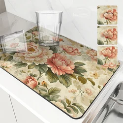 Antiskid Kitchen Absorbent Draining Mat Floral Plant Super  Draining Coffee Dish Drying Mat Quick Dry Bathroom Drain Pad