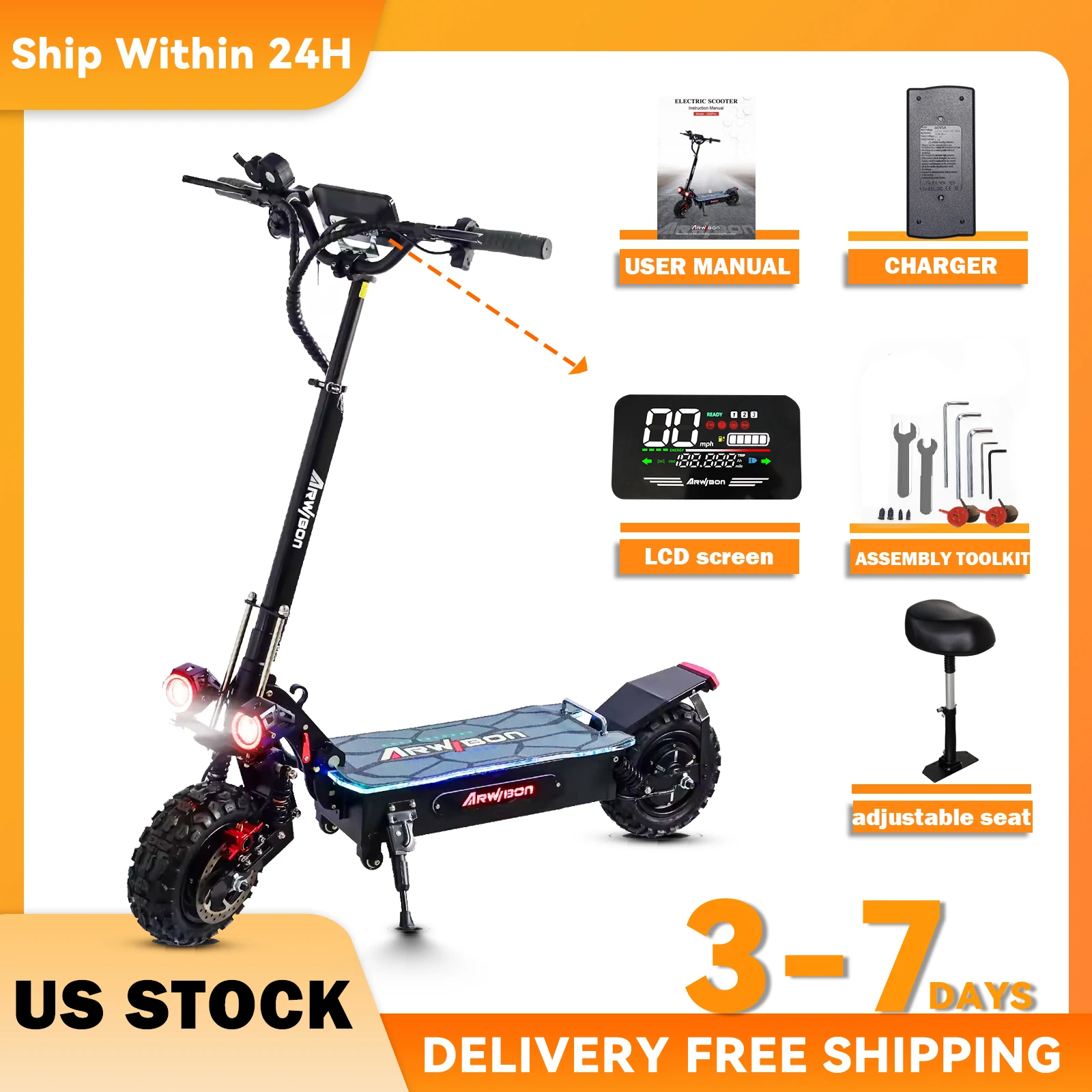 Arwibon 5600W Dual Motor Electric Scooter 60V 27AH Speed up to 45MPH 11 Inch Off-Road Tires Foldable Adult E-Scooter with Seat