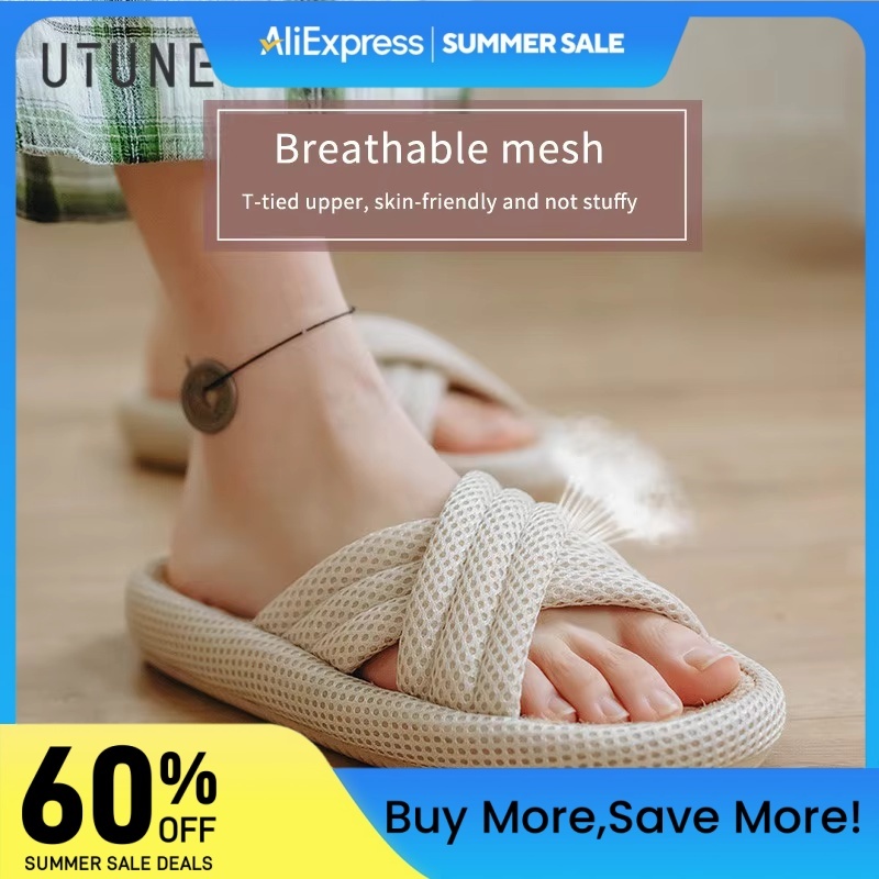 UTUNE Mute Linen Slippers For Women Japanese Indoor Summer Shoes Mesh Cloth EVA Sole Jute Home Slippers Men Non-slip Slippers