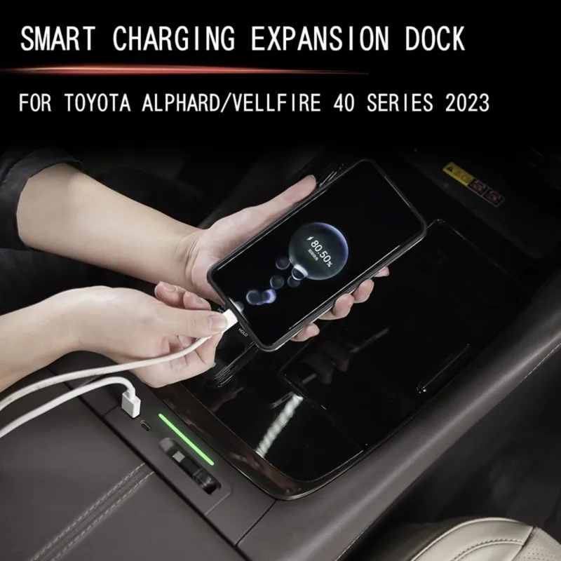 A99F-USB Expansion Dock For Toyota Alphard Vellfire 40 Series 2023-2026 Center Console Fast Charging 3 Ports Ambient LED
