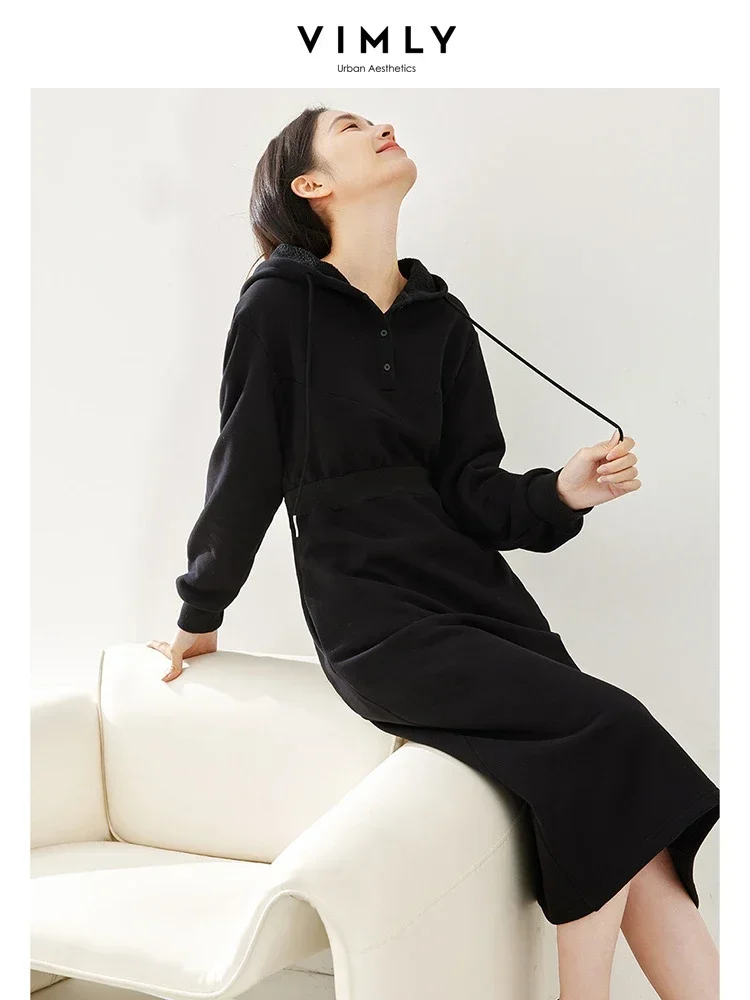 Vimly Black Hooded Sweatshirt Dresses for Women 2023 Winter Fleece Thicken Warm Straight Pockets Midi Dress Female Clothes M3715