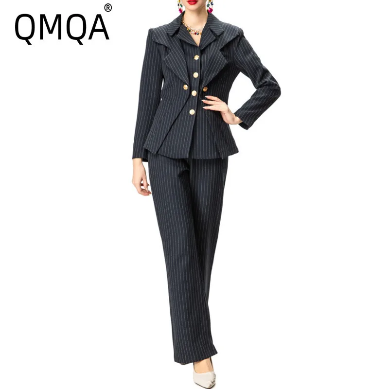 

QMQA модный женский элегантный полосатый комплект из 2 предметов с лацканами и пуговицами, пиджак с длинными рукавами, прямые брюки, профессиональные комплекты QM917