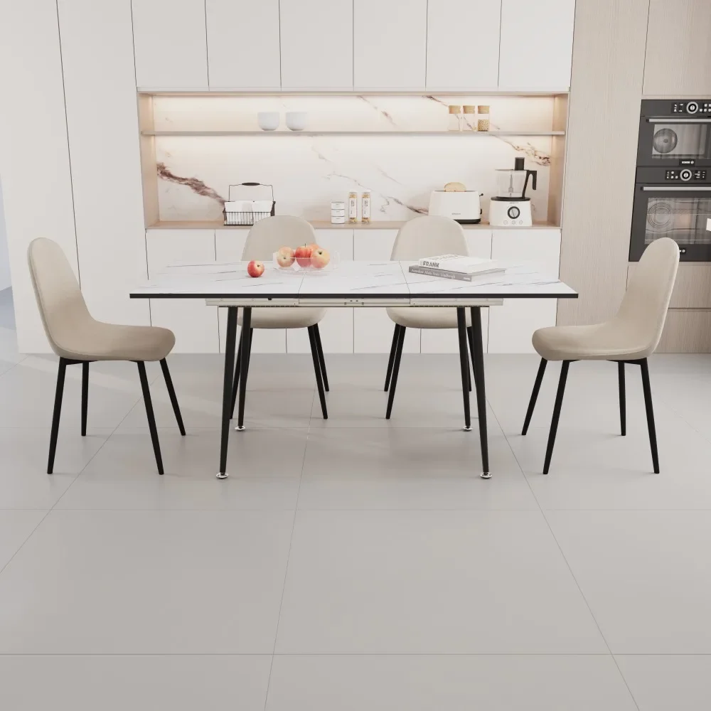 

white dining table and beige round dining chair 4-piece set, metal base and linen chair, Dining Room Sets
