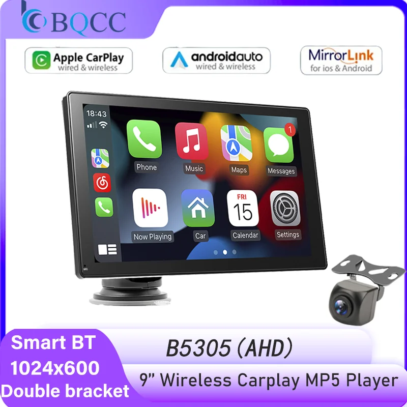 

BQCC 9'' HD IPS Screen Portable MP5 Car Player Mirrorlink Wireless Carplay Android Auto BT Dual Bracket Car Stereo Car Radio